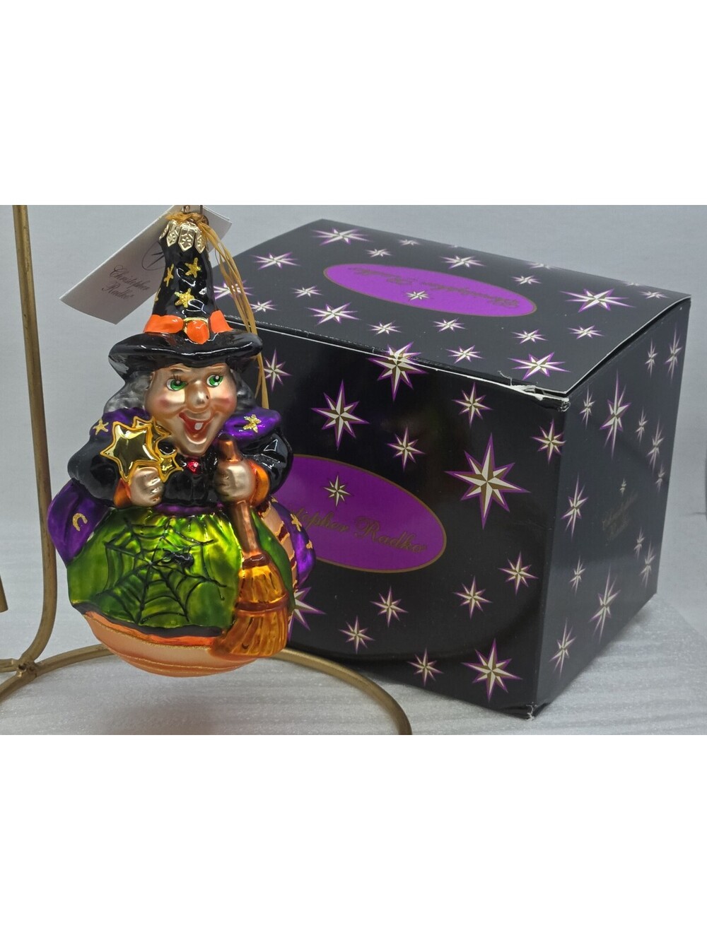 Christopher Radko "Snaggletooth" Witch Glass Halloween Retired Ornament Box Tag